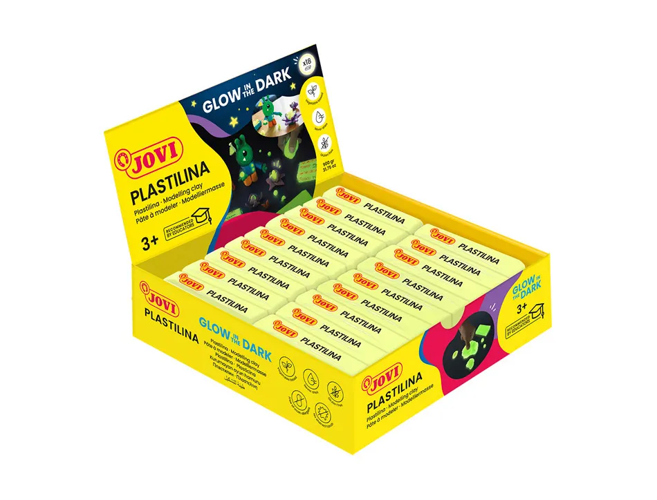 Pate a modeler jovi plastilina couleur glow in the dark barre 50g boite 18 unites
