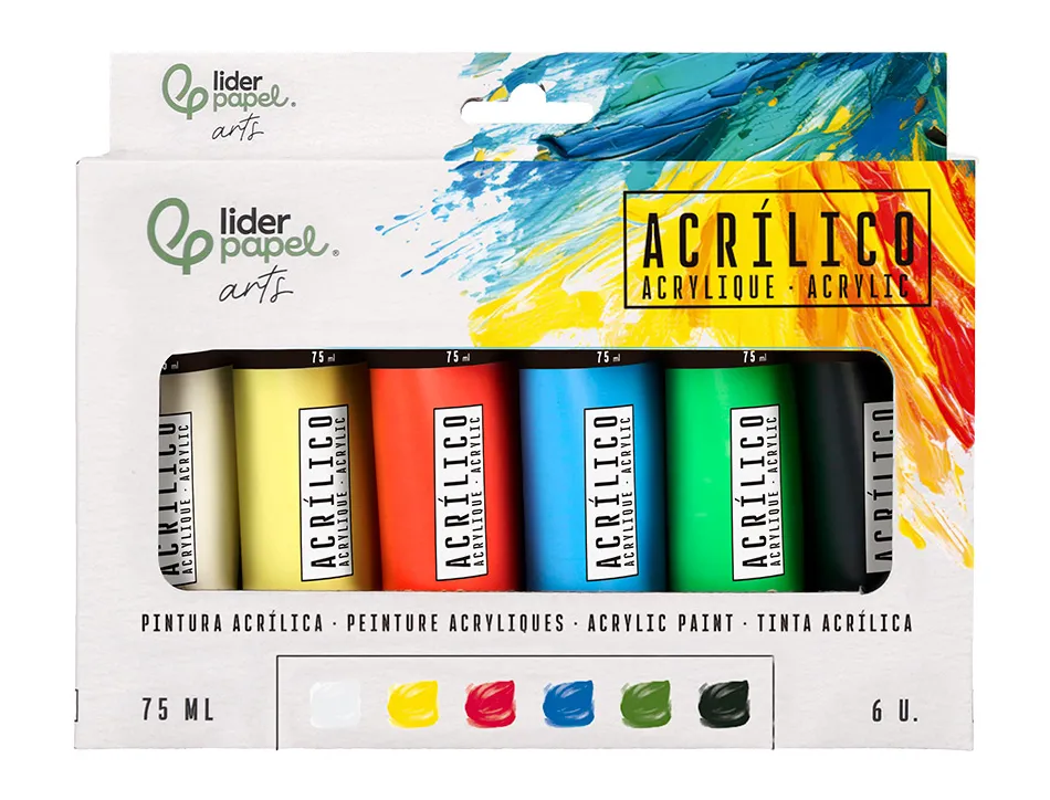 Peinture acrylique liderpapel boite de 6 tubes en plastique 75 ml coloris standards