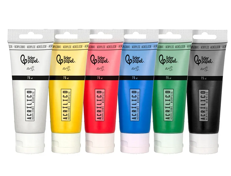 Peinture acrylique liderpapel boite de 6 tubes en plastique 75 ml coloris standards