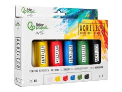 Peinture acrylique liderpapel boite de 6 tubes en plastique 75 ml coloris standards