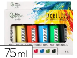 Peinture acrylique liderpapel boite de 6 tubes en plastique 75 ml coloris standards