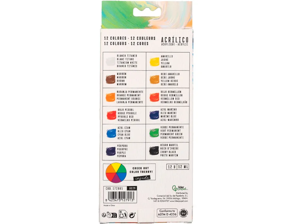 Peinture acrylique liderpapel boite de12 tubes en aluminium 12 ml coloris assortis