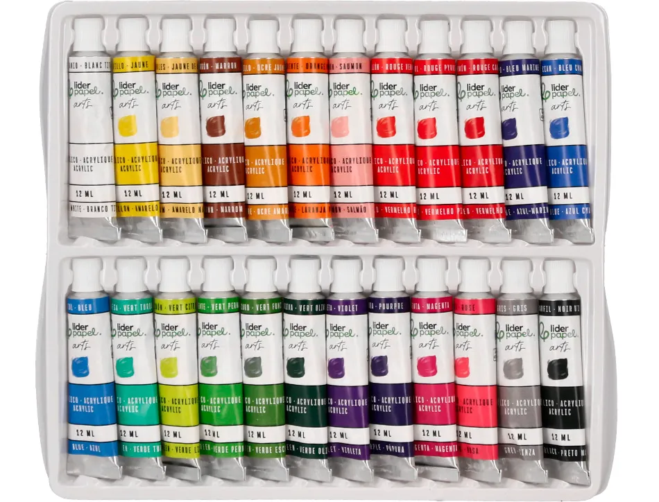Peinture acrylique liderpapel boite de 24 tubes en aluminium 12 ml coloris assortis