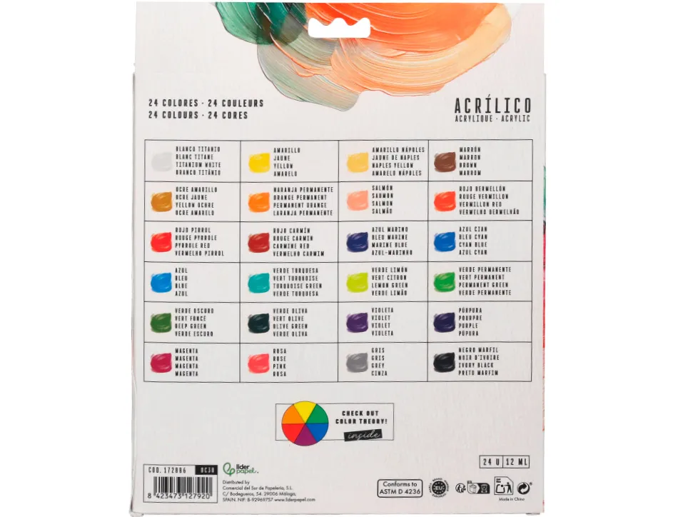 Peinture acrylique liderpapel boite de 24 tubes en aluminium 12 ml coloris assortis