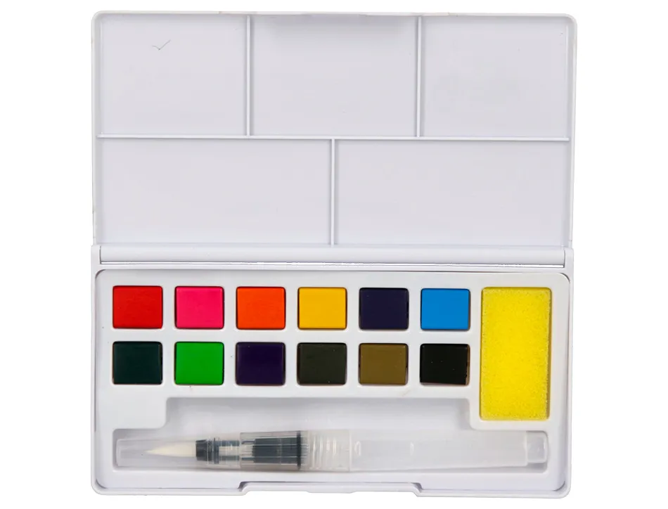 Peinture aquarelle 12 couleurs inclut pinceau avec reservoir d eau en boite plastique