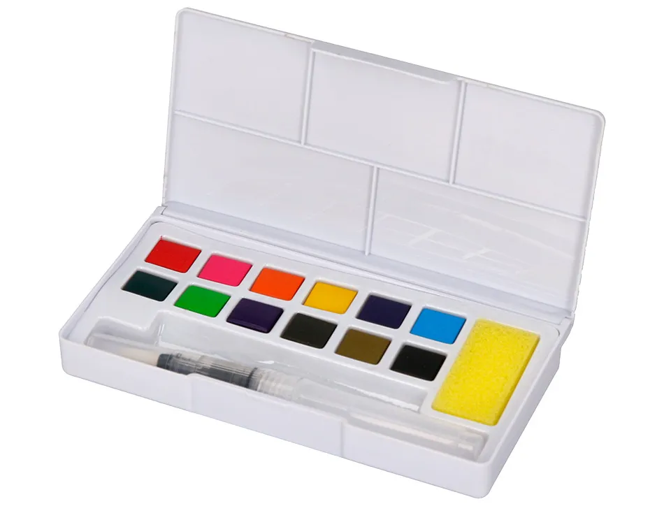 Peinture aquarelle 12 couleurs inclut pinceau avec reservoir d eau en boite plastique