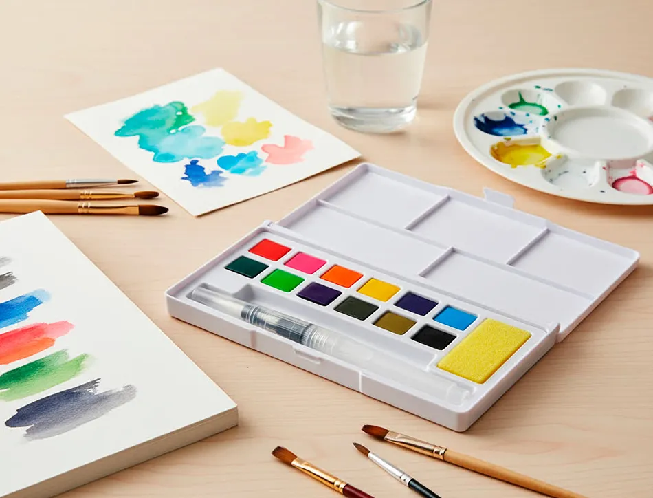 Peinture aquarelle 12 couleurs inclut pinceau avec reservoir d eau en boite plastique