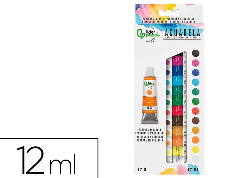 Peinture aquarelle liderpapel boite de 12 tubes en aluminium de 12 ml coloris assortis