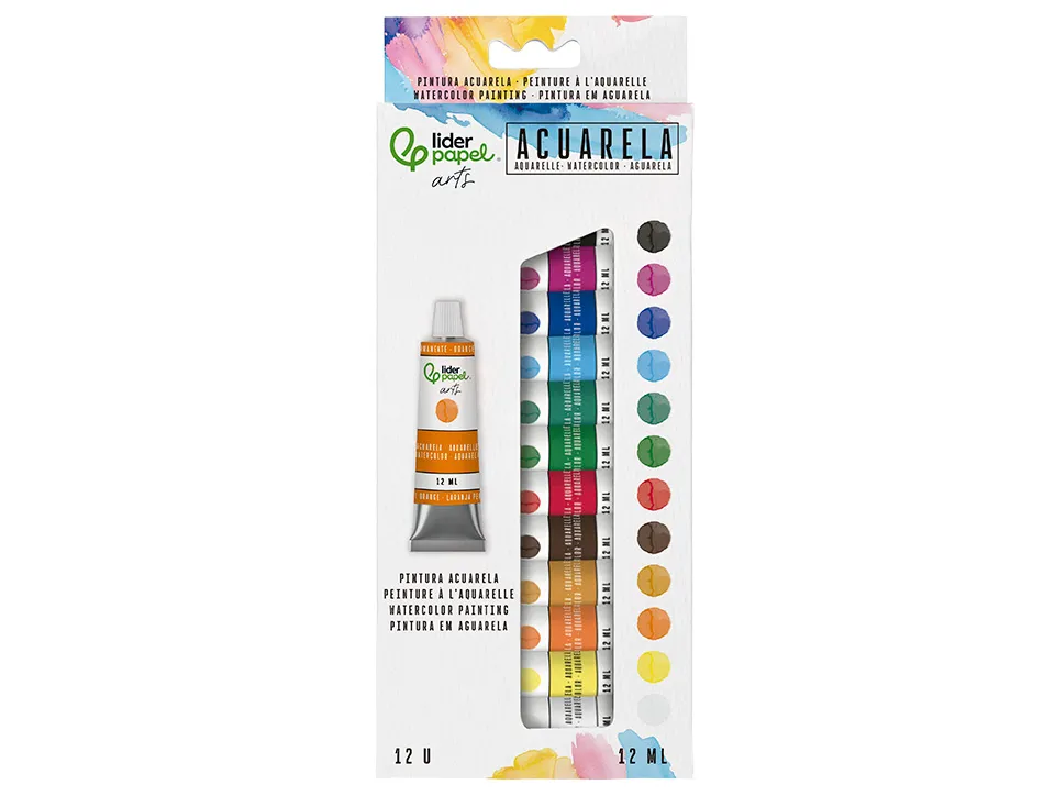 Peinture aquarelle liderpapel boite de 12 tubes en aluminium de 12 ml coloris assortis