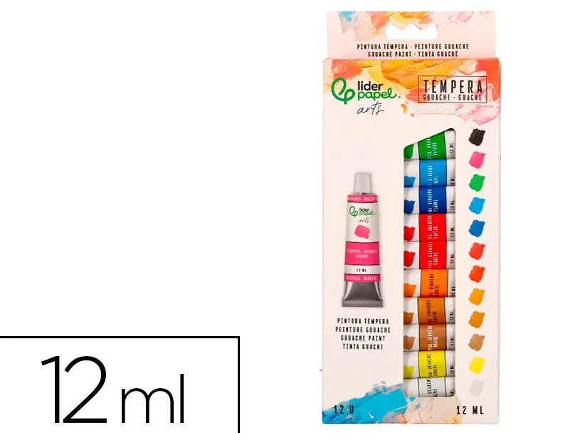 Peinture gouache tempera liderpapel boite de 12 tubes en aluminium de 12 ml coloris assortis