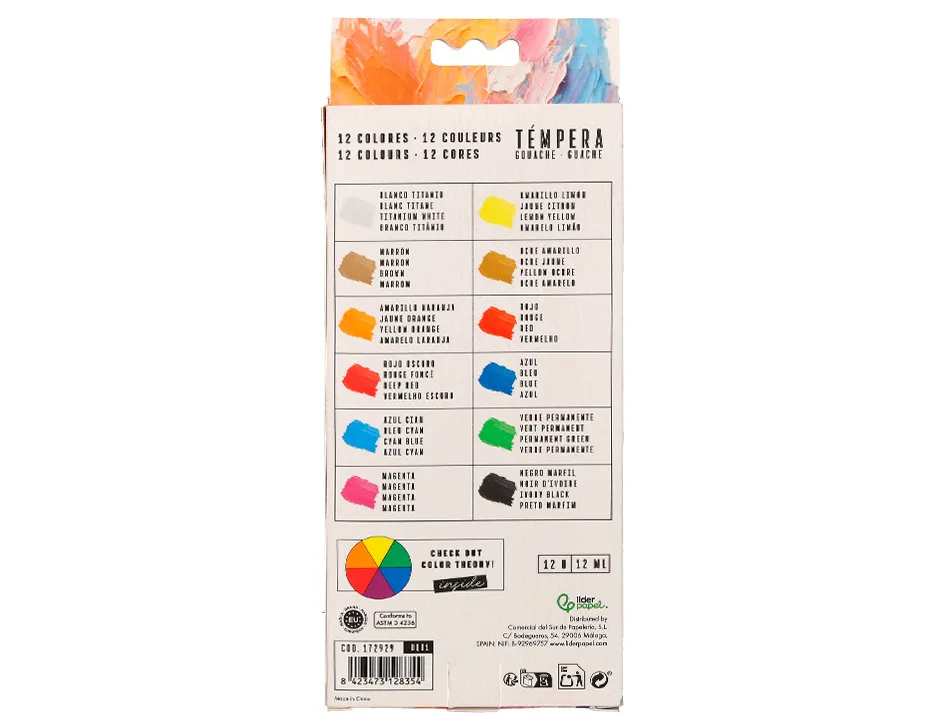 Peinture gouache tempera liderpapel boite de 12 tubes en aluminium de 12 ml coloris assortis