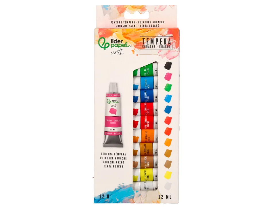 Peinture gouache tempera liderpapel boite de 12 tubes en aluminium de 12 ml coloris assortis