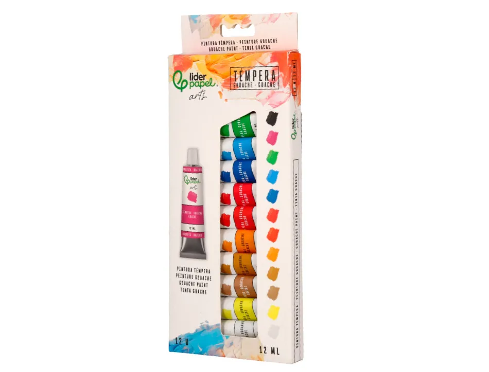 Peinture gouache tempera liderpapel boite de 12 tubes en aluminium de 12 ml coloris assortis