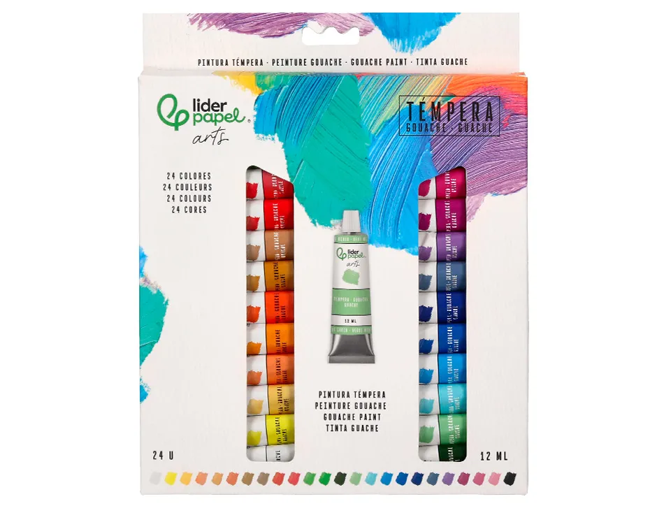 Peinture gouache tempera liderpapel boite de 24 tubes en aluminium de 12 ml coloris assortis