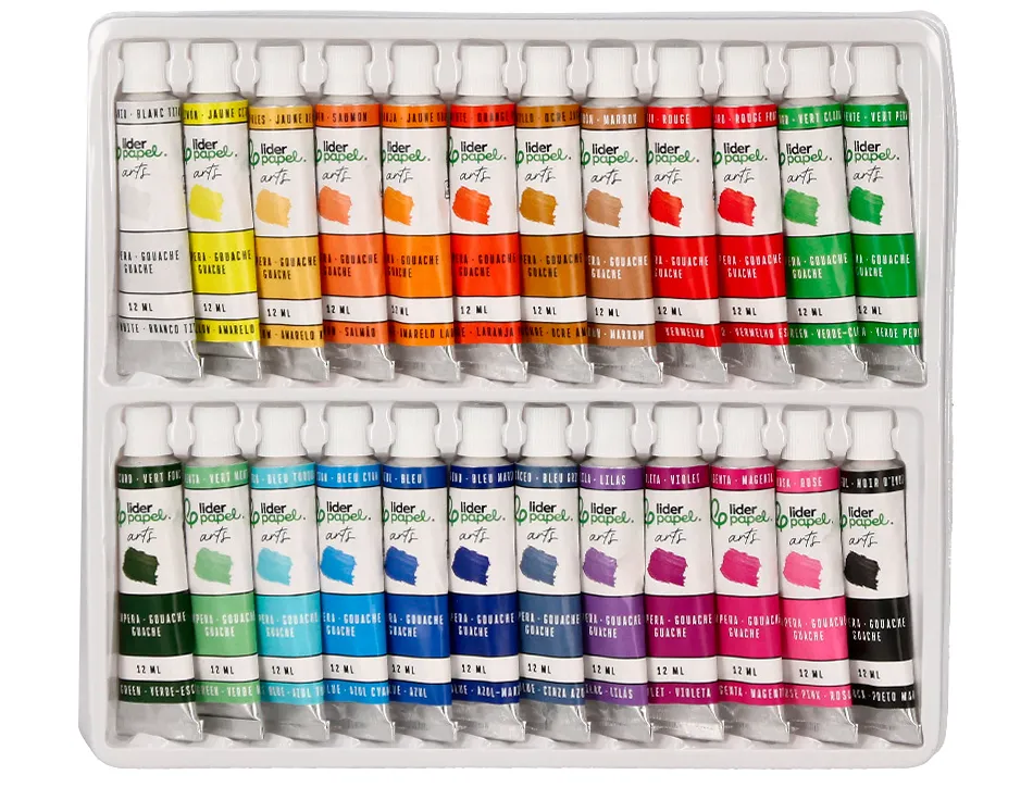 Peinture gouache tempera liderpapel boite de 24 tubes en aluminium de 12 ml coloris assortis