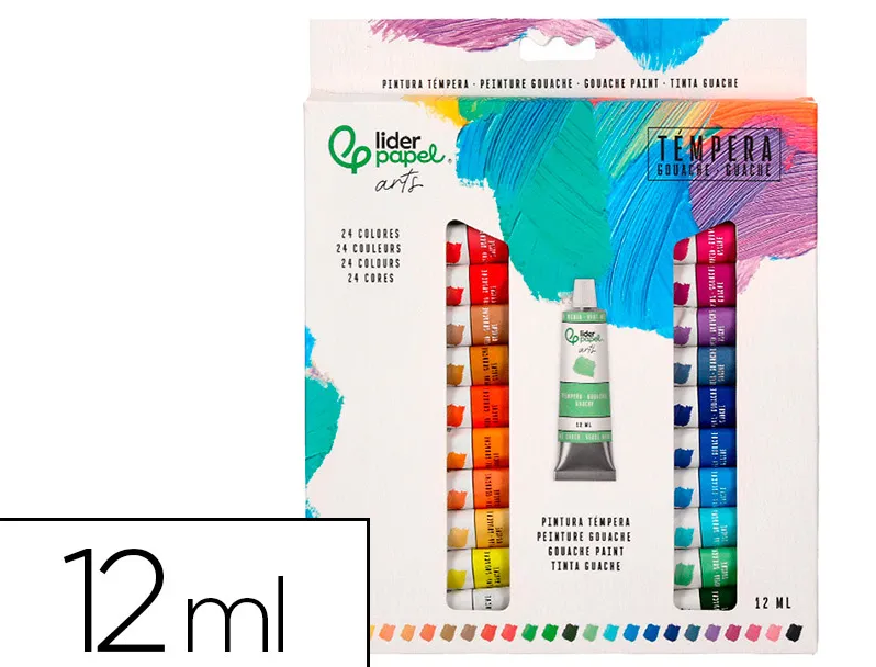 Peinture gouache tempera liderpapel boite de 24 tubes en aluminium de 12 ml coloris assortis