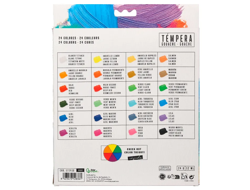 Peinture gouache tempera liderpapel boite de 24 tubes en aluminium de 12 ml coloris assortis