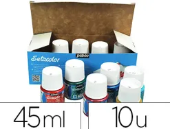 Peinture textile pébéo sétacolor tissus clairs couleurs assorties pailletées boîte 10 pots 45ml