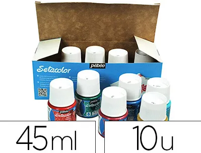 Peinture textile pébéo sétacolor tissus clairs couleurs assorties pailletées boîte 10 pots 45ml