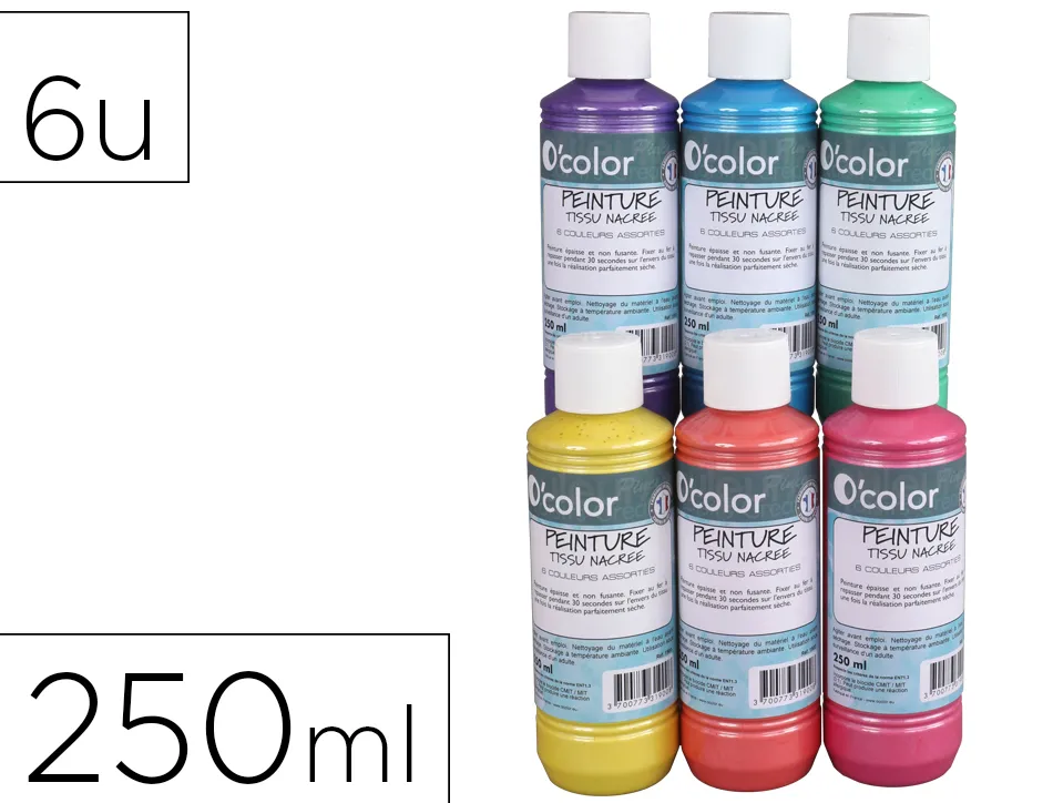 Peinture tissu o'color 250ml coloris nacres assortis coffret polypro 6 unites