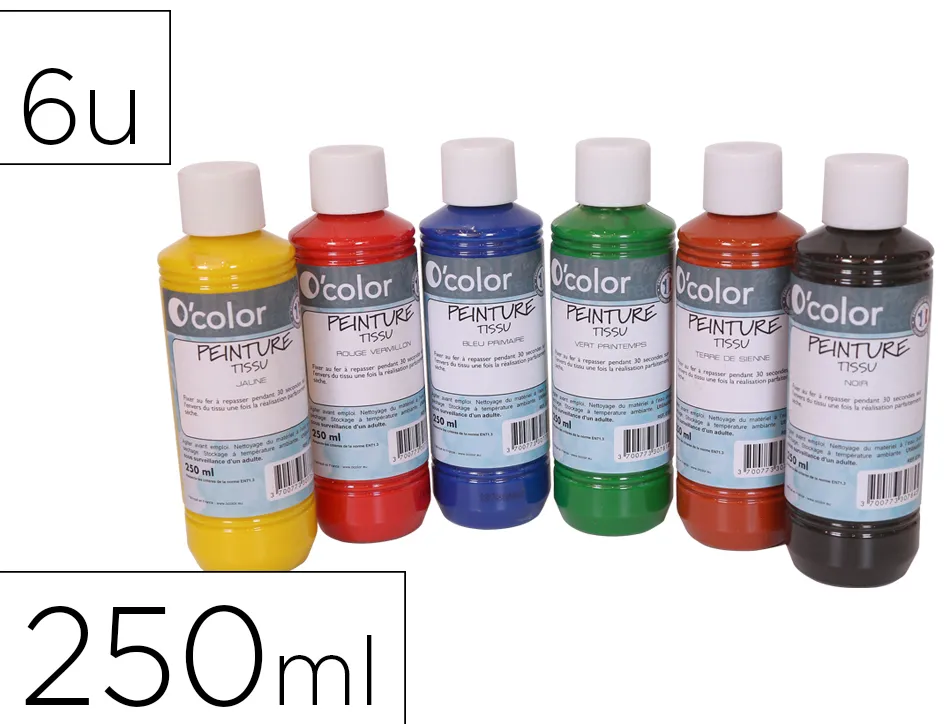 Peinture tissu o'color 250ml coloris classiques assortis coffret polypro 6 unites