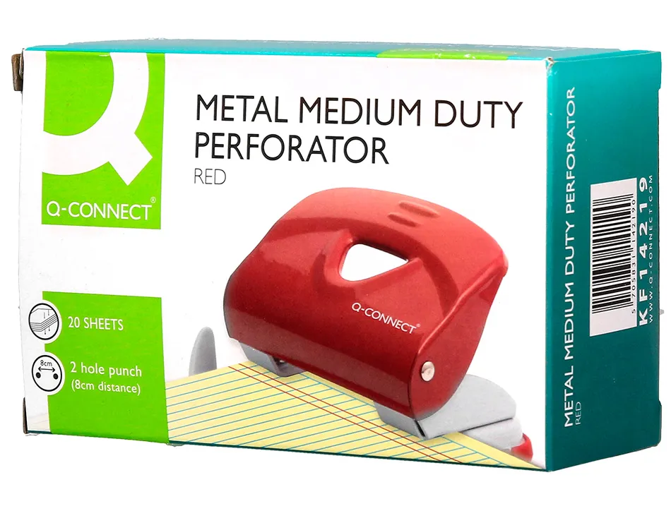 Perforateur q-connect kf14219 2 trous ouverture 2mm capacite 20 feuilles coloris rouge