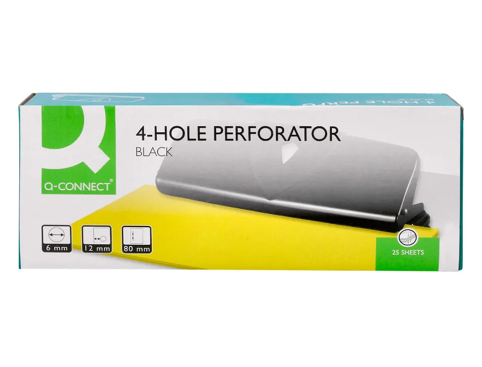 Perforateur q-connect métal et plastique capacité perforation 16f 4 trous coloris noir 280x110mm