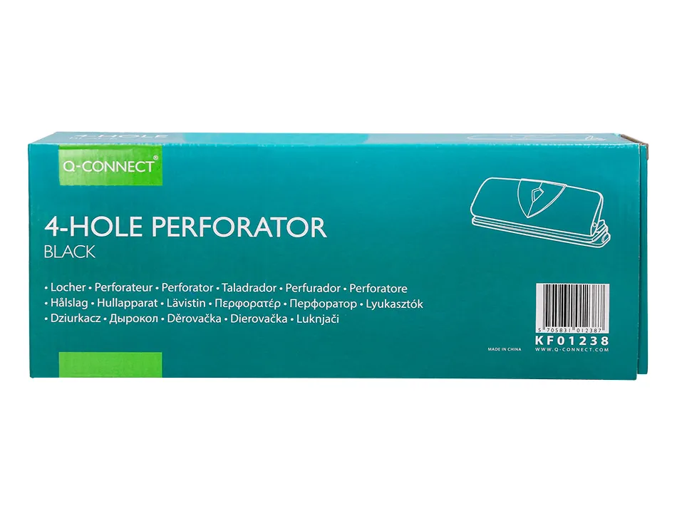 Perforateur q-connect métal et plastique capacité perforation 16f 4 trous coloris noir 280x110mm