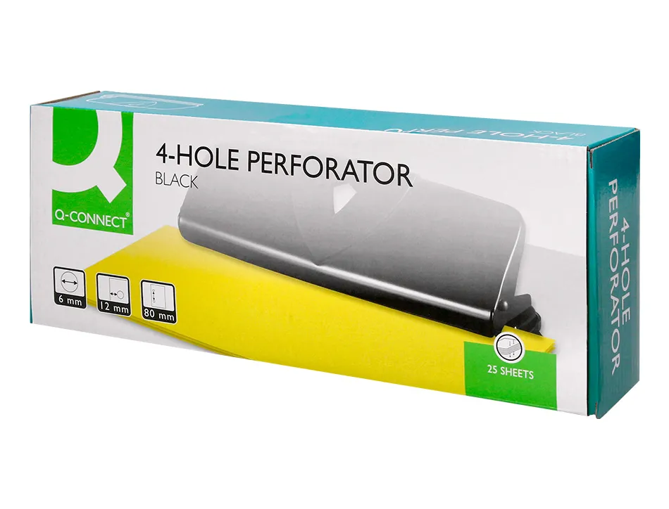 Perforateur q-connect métal et plastique capacité perforation 16f 4 trous coloris noir 280x110mm