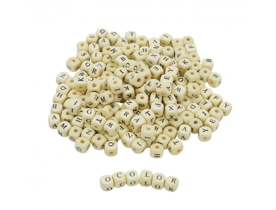 Perle bois ocolor forme carree 1cm imprimee alphabet coloris naturel lot de 440 perles