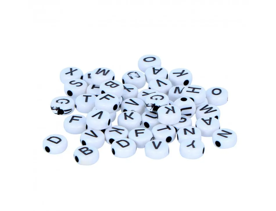 Perle plastique innspiro forme ronde plate 6mm imprimee alphabet noir sur fond blanc lot de 300 perles