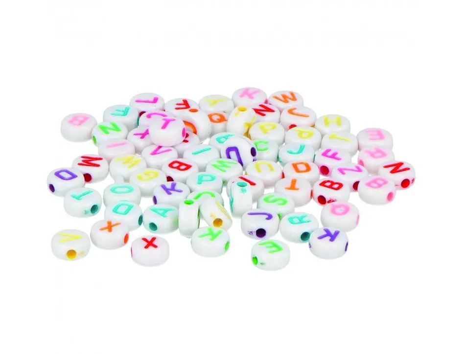 Perle plastique innspiro forme ronde plate 7mm imprimee alphabet couleur sur fond blanc lot de 1200 perles