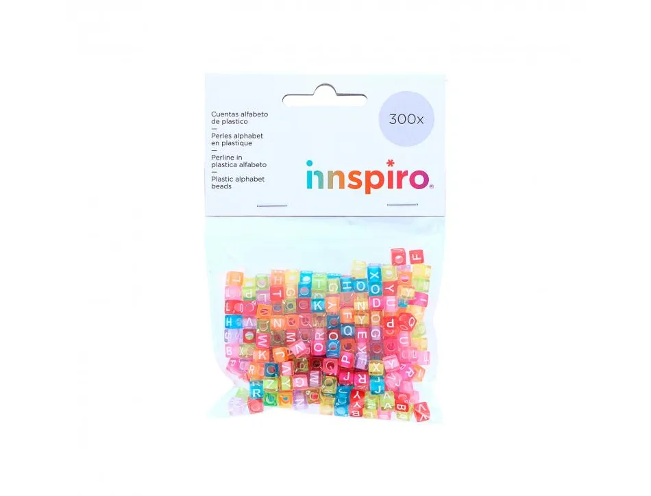 Perle plastique innspiro forme carree 6mm imprimee alphabet blanc coloris transparents pastels assortis