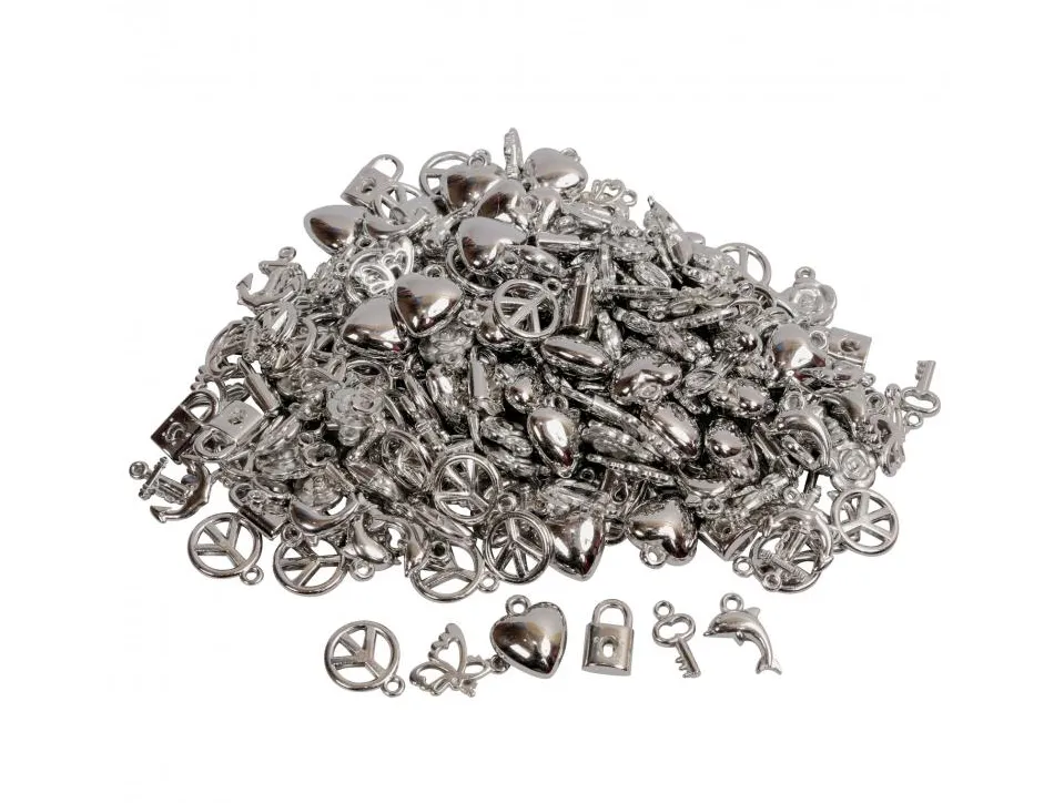 Perle plastique ocolor pampilles 15mm 10 formes assorties coloris argent lot de 200 perles