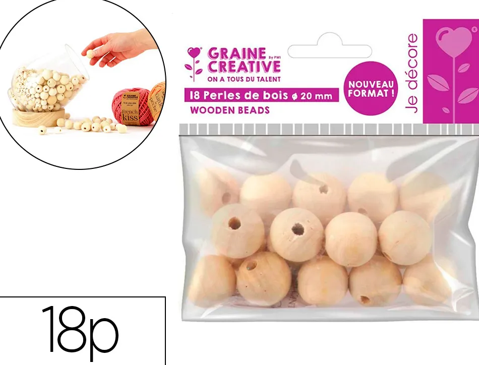 Perles en bois graine creative diametre 20mm sachet 18 pieces