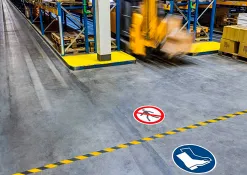 Pictogramme au sol interdit aux pietons durable adhesif entrepots centres distribution usines diametre