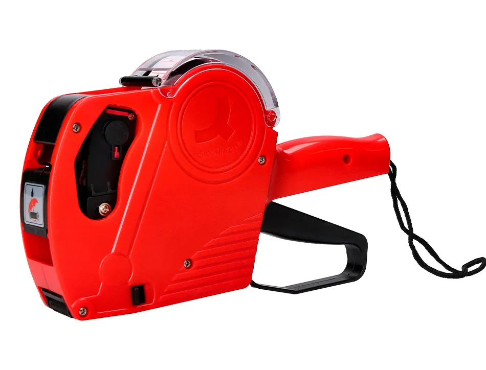 Pince à étiqueter q-connect 1 ligne 8 caractères 225x135x40mm 300g coloris rouge rouleau encreur non inclus