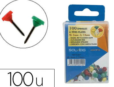Épingle sign tête plate diamètre 5mm hauteur 14mm coloris asortis boîte distributrice 100 unités