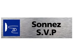 Plaque de porte sonnez svp signaletique biz pictogramme en aluminium brosse 3mm double face autocollant dos