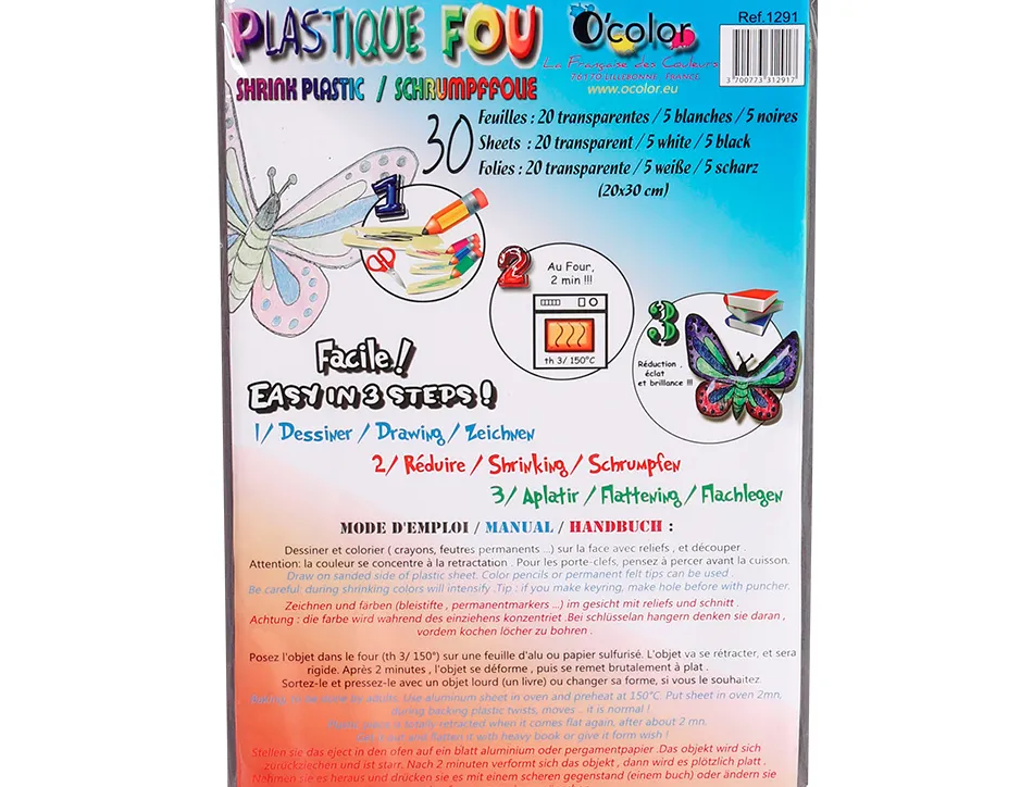 Plastique fou o'color 20x30cm coloris 20 transparents 5 blancs 5 noirs schoolpack 30 feuilles