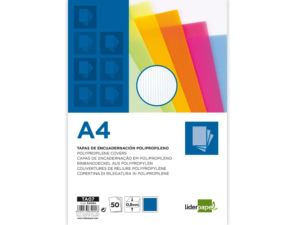 Plat couverture liderpapel pp ondulé translucide 0.8mm a4 dossier reliure bleu paquet 50 unités