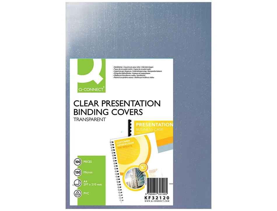Plat couverture q-connect pvc incolore 150 microns a4 relieurs spirales peignes anneaux paquet 100 unités