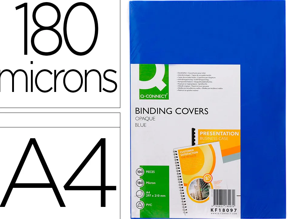 Plat couverture q-connect pvc 180 microns a4 relieurs spirales peignes anneaux coloris bleu boîte 100 unités