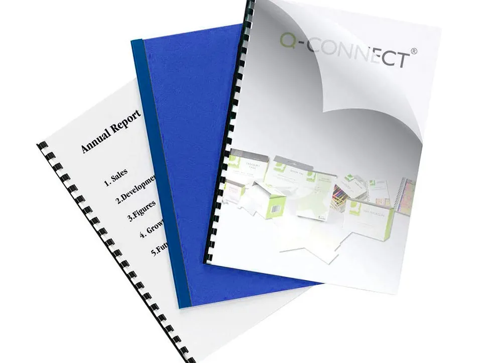 Plat couverture q-connect pvc 180 microns a4 relieurs spirales peignes anneaux coloris bleu boîte 100 unités