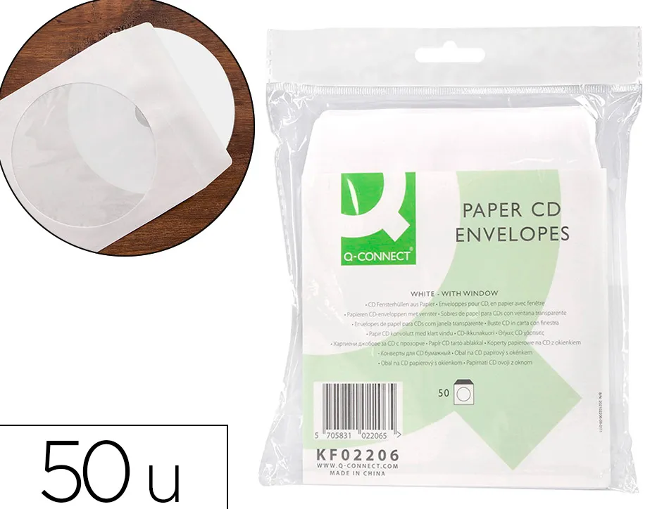 Pochette cd/dvd q-connect papier fenêtre rabat auto-adhésif coloris blanc paquet 50 unités