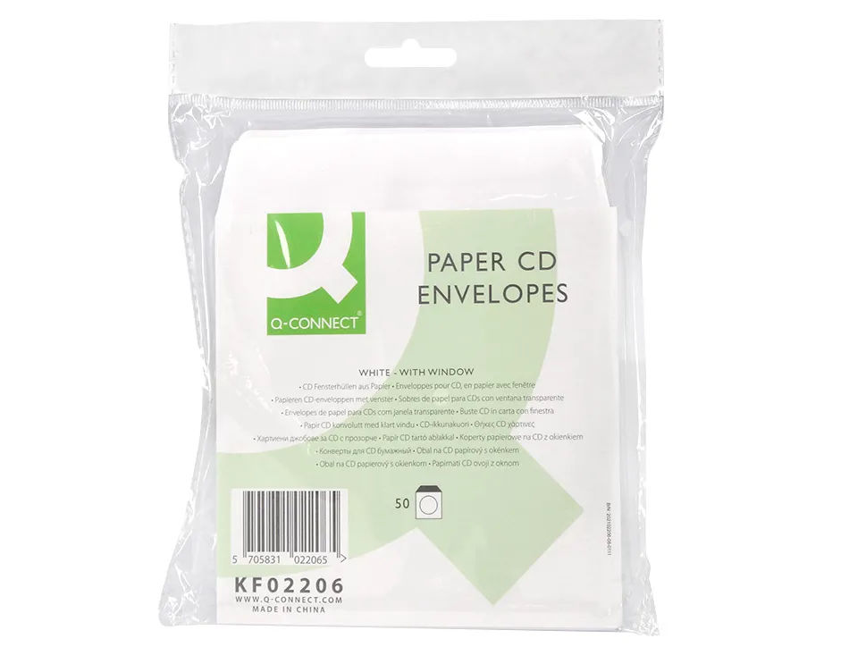 Pochette cd/dvd q-connect papier fenêtre rabat auto-adhésif coloris blanc paquet 50 unités