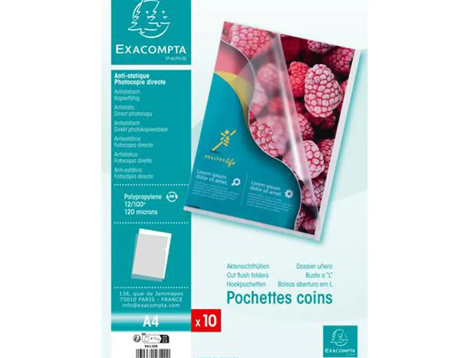 Pochette coin exacompta a4 pp graine 12/100eme 120 microns paquet 10 unites