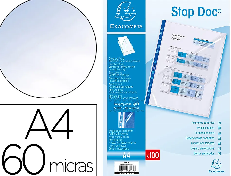Pochette coin exacompta stop doc perforée polypropylène lisse 6/100e a4 cristal incolore étui carton 100 unités
