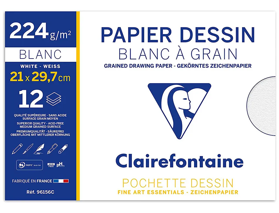 Pochette dessin grain clairefontaine a4 224gr 21x29,7cm 12f