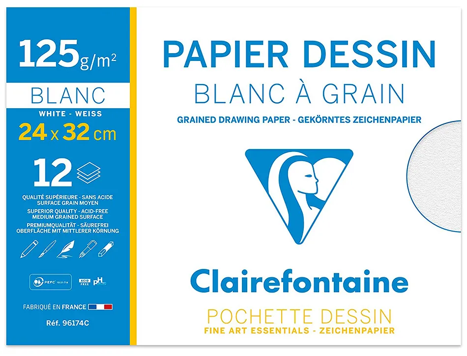 Pochette dessin grain clairefontaine blanc 125gr 24x32cm 12f